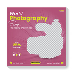 Digital photography service, social media post design, camera social media post design for Instagram, World Photography Day, and web banner design template.