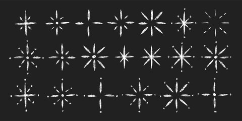 Stars big set. Chalk textured kids freehand drawing shine twinkle. Crayon hand drawn child scribble spark. Pastel pencil childish decorative sparkling collection. Sketch vector illustration isolated