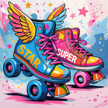 Bright children's print with roller skates on laces, wings and the inscription "super star". Illustration in cartoon  style