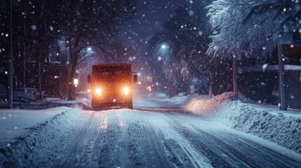 Snowy night street scene with a snow plow truck.