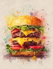 Watercolor-style image of a juicy double cheeseburger, layered with lettuce, tomato, and melted cheese, set against a vibrant, splattered background