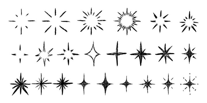 Naklejki Stars big set. Chalk textured kids freehand drawing shine twinkle. Crayon hand drawn child scribble spark. Pastel pencil childish decorative sparkling collection. Sketch vector illustration isolated
