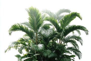 Lush, vibrant green palm fronds against a stark white background, showcasing the intricate detail and texture of the leaves