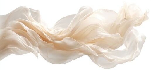 Creamy beige fabric floats, swirling in an elegant, flowing dance against a stark white background, showcasing its soft texture and delicate drape