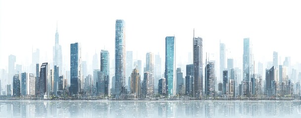 Panoramic city skyline reflected in calm water, showcasing numerous skyscrapers of varying heights and designs against a bright, clear sky