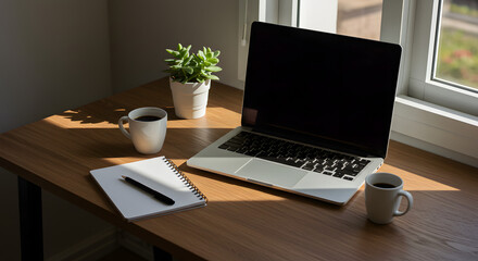Fototapeta premium A WellLit Workspace with Laptop Coffee and Notebook