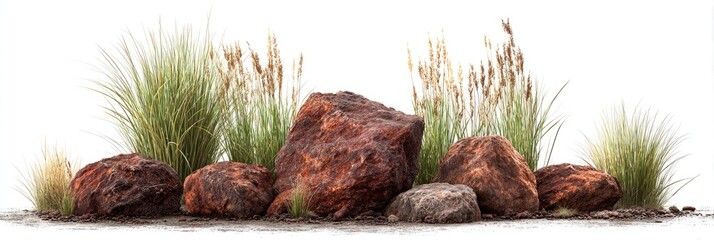 A cluster of reddish-brown rocks is partially embedded in the ground, surrounded by light green-brown grasses and tan seed heads against a white background