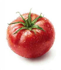 A single, ripe, red heirloom tomato, glistening with water droplets, sits on a white background; its green calyx intact