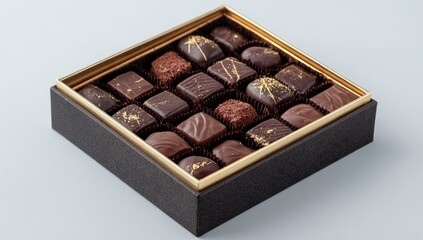 Dark chocolate assortment in a square box with gold accents; various shapes and textures of chocolates are neatly arranged
