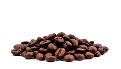 a close-up shot of a pile of roasted coffee beans, perfect for a coffee-themed project. The coffee beans are rich brown, and their textures are highly detailed
