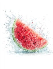 A vibrant red watermelon slice, splashing into clear water, isolated on a white background, showcasing juicy freshness