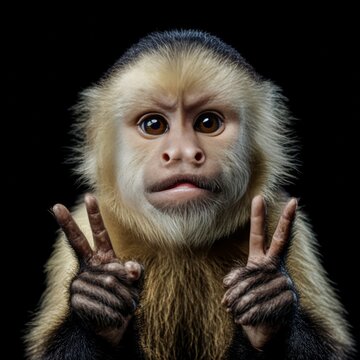 capuchin monkey forming a peace sign with paws smiling face high resolution details