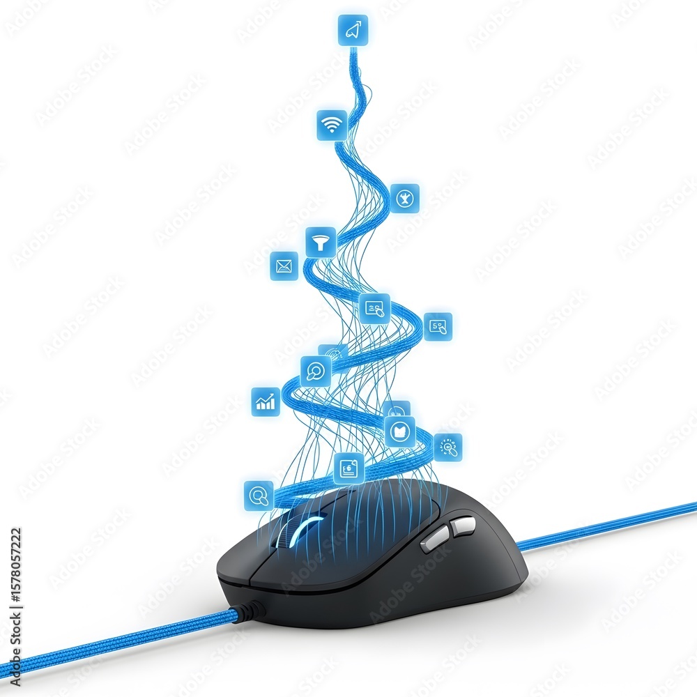 Poster black computer mouse with digital icons flowing upwards on white background