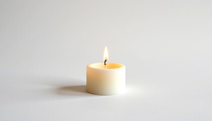 a small candle with a gentle flame on a white surface, emanating a soft glow