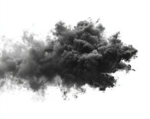 A dense, dark grey smoke plume billows against a stark white background, exhibiting a textured, irregular shape with varying densities of opacity