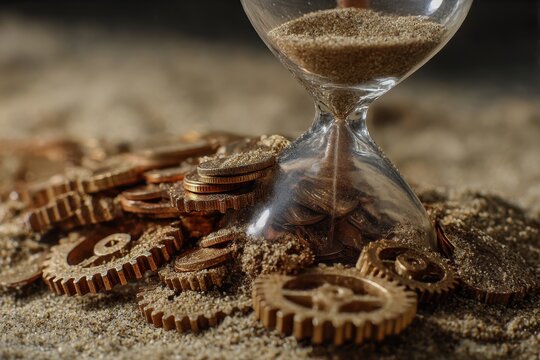 broken hourglass with sand replaced by coins crushing clock gears