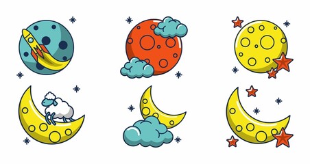 Celestial illustrations: planets (blue, red, yellow), rocket, moon with sheep, clouds, and stars.