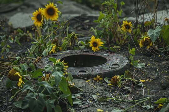 broken landmine blooming into sunflowers land reclamation