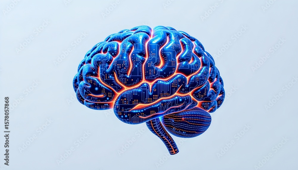 Poster a modern and intricately detailed representation of a human brain, with its distinct lobes and folds