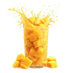 A tall glass overflows with diced mango, submerged in juice,  creating a vibrant splash.  Mango chunks surround the base