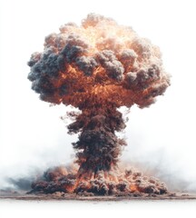 A massive nuclear explosion mushroom cloud billows, fiery orange and grey smoke rising from a scorched earth base against a stark white background