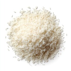 A small pile of uncooked white rice grains, scattered loosely against a stark white background, showcasing its texture and color