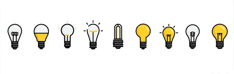Nine minimalist lightbulb icons illustrating various stages of illumination and designs