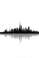 A minimalist black silhouette of a city skyline reflected in still water, conveying a sense of urban tranquility