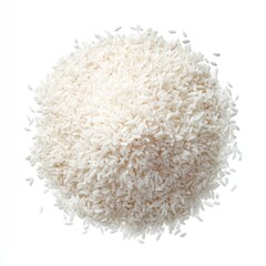 A mound of uncooked white rice grains, loosely piled, against a stark white background, showcasing the individual grains' texture and shape