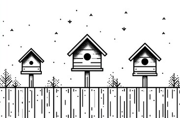 Three minimalist birdhouses of varying sizes on wooden posts, behind a wooden fence with small stylized plants and birds in flight, all in black line art on a white background
