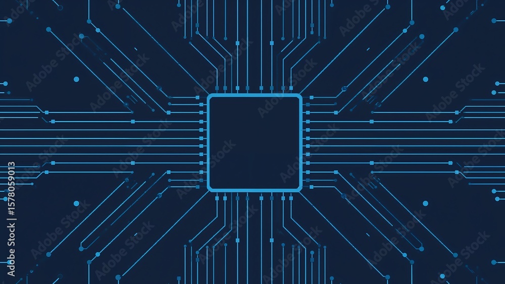 Poster abstract illustration of a central processing unit (cpu) with interconnected circuit lines on a dark
