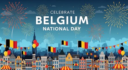 Belgium National Day Celebration: Festive Cityscape with Flags and Fireworks