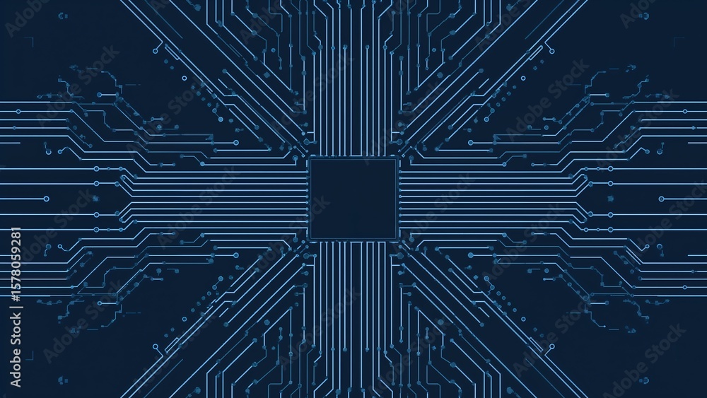 Poster a graphic representation of a digital circuit board with intricate pathways and central processing u