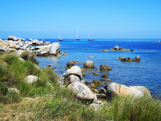 Turquoise Waters of the Mediterranean Sea Near Lavezzi Island, Corsica This stunning image captures the untouched beauty of the Mediterranean Sea near Lavezzi Island, off the southern coast of Corsica
