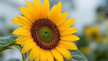 a vibrant sunflower in full bloom, its large yellow petals radiating around the dark brown center with bright orange seeds