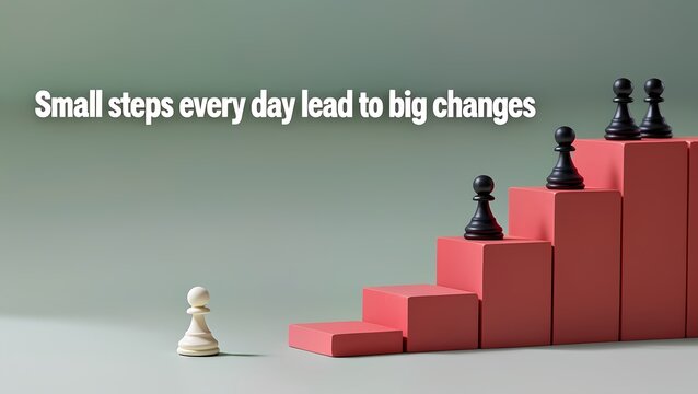 Small steps every day lead to big changes conceptual image with chess pieces climbing stairs