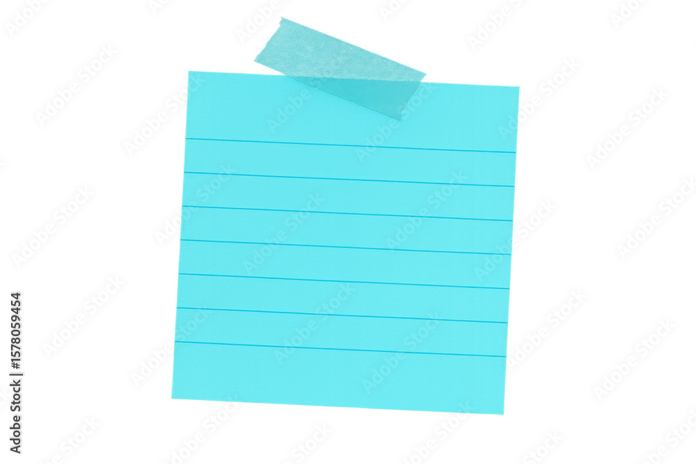 Poster cyan sticky note paper with lines and adhesive tape on transparent background, ready for your messag