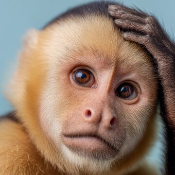 capuchin monkey holding one paw on its forehead in confusion realistic lighting isolated background