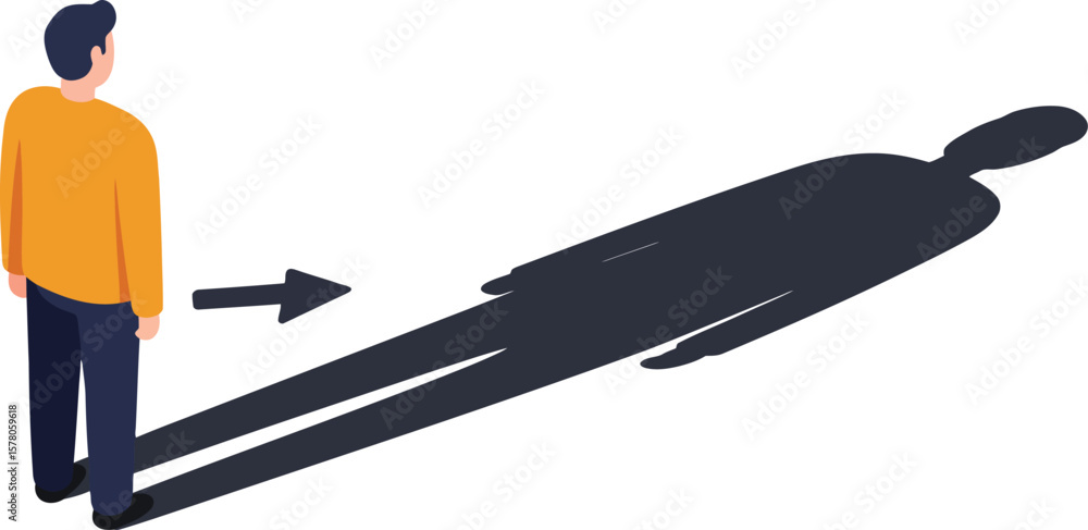 Poster man standing with long shadow symbolizing inner self reflection and identity concept vector illustra
