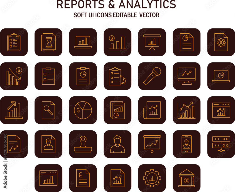 Poster collection of business analytics and reporting icons with a unified aesthetic theme for diverse data