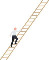 Man climbing wooden ladder upward progress concept vector illustration in minimal style 
