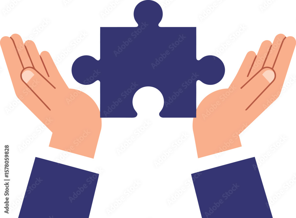 Poster hands holding blue puzzle piece symbolizing teamwork and problem solving in business concept vector 