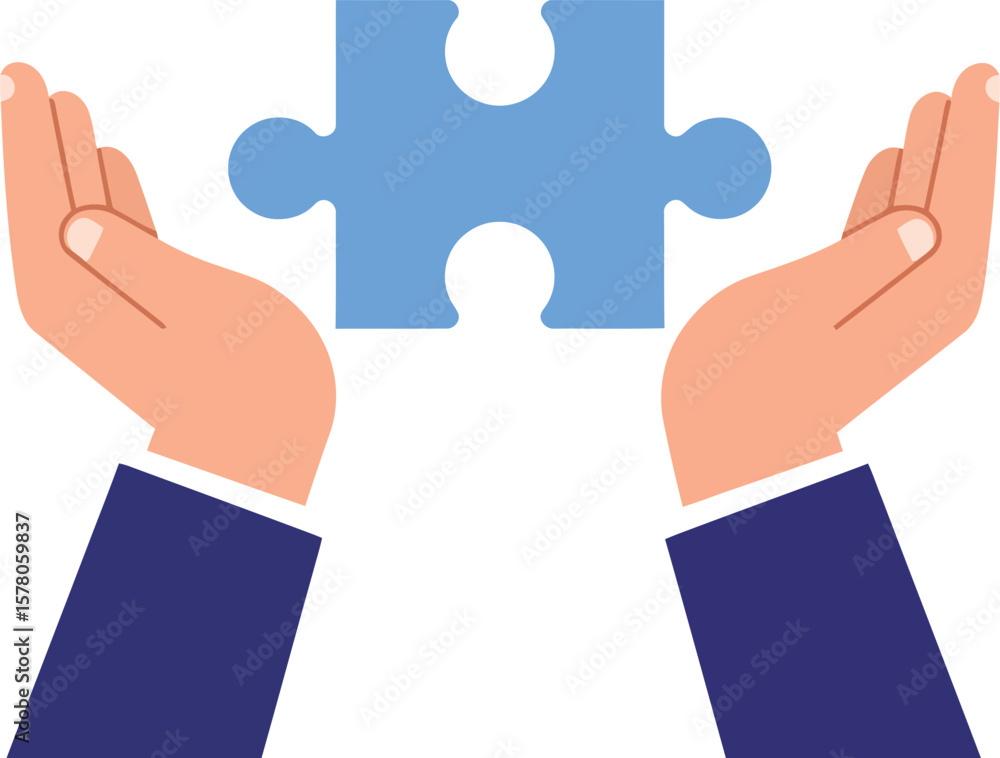 Poster hands holding blue puzzle piece symbolizing teamwork and problem solving in business and collaborati