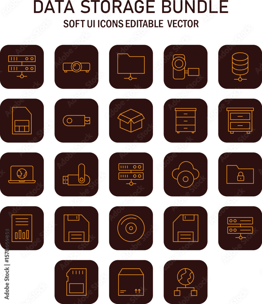 Poster collection of editable data storage and technology icons for modern ui design applications represent