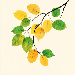 Fototapeta premium Autumn Transition Vivid Yellow Green Leaves Branch. AI Generated