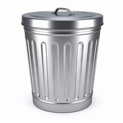 Shiny Metal Trash Can with Lid Isolated on White Background, 3D Render