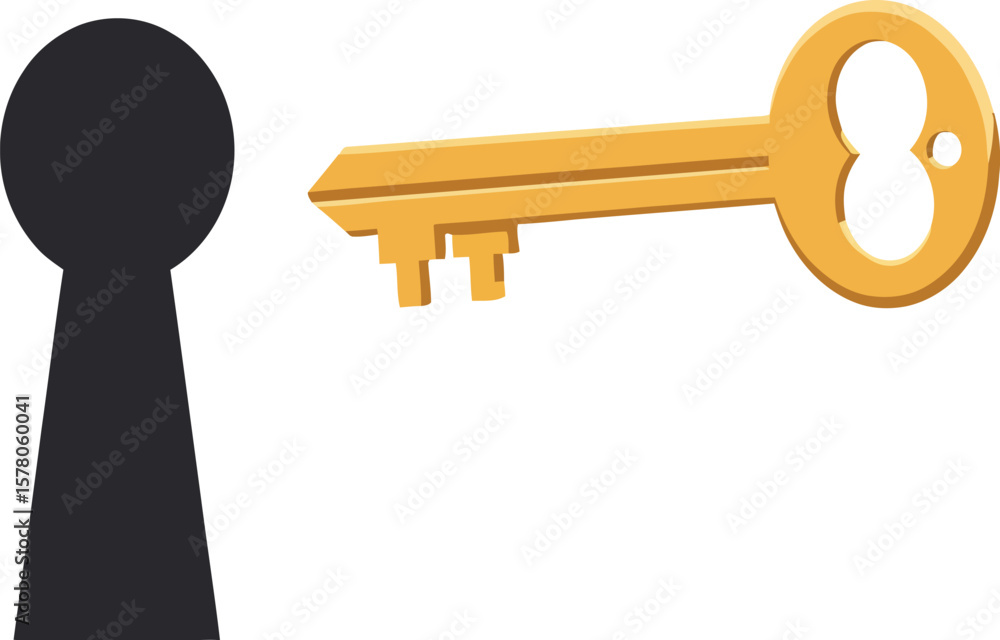 Poster golden key entering black keyhole symbolizing access and security concepts in vector illustration