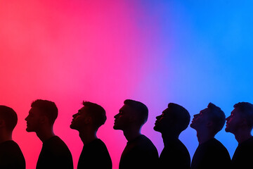 Silhouettes of men in profile against a colorful backdrop.