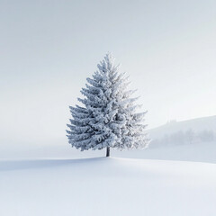 Fototapeta premium Serene Winter Landscape Minimalist Snow Covered Tree in White