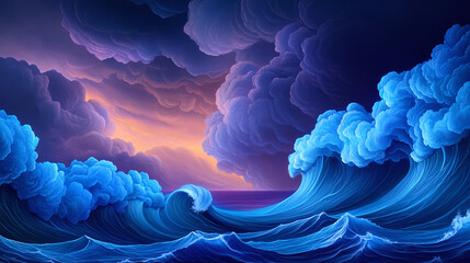 Vivid ocean waves under dramatic sky with colorful clouds at sunset.
